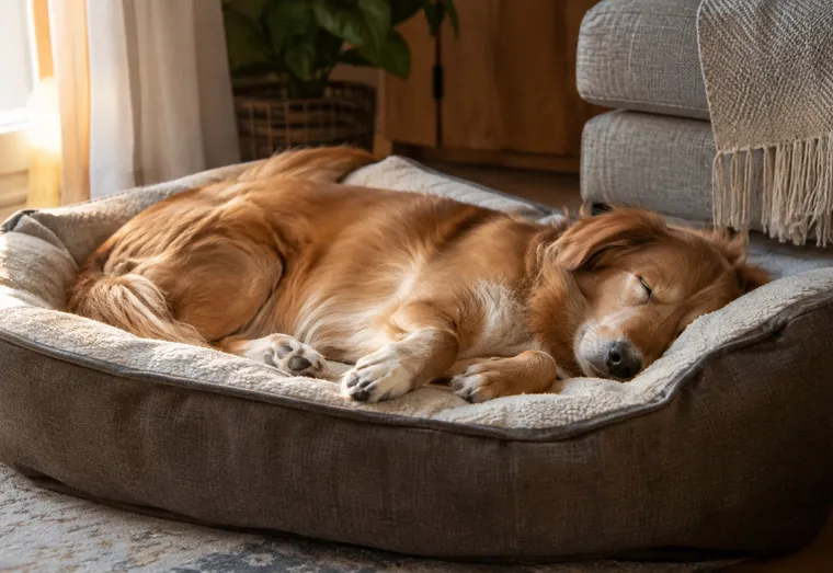 Chien de taille moyenne profondément endormi sur le côté dans son panier, pattes légèrement repliées, dans un salon à la lumière douce