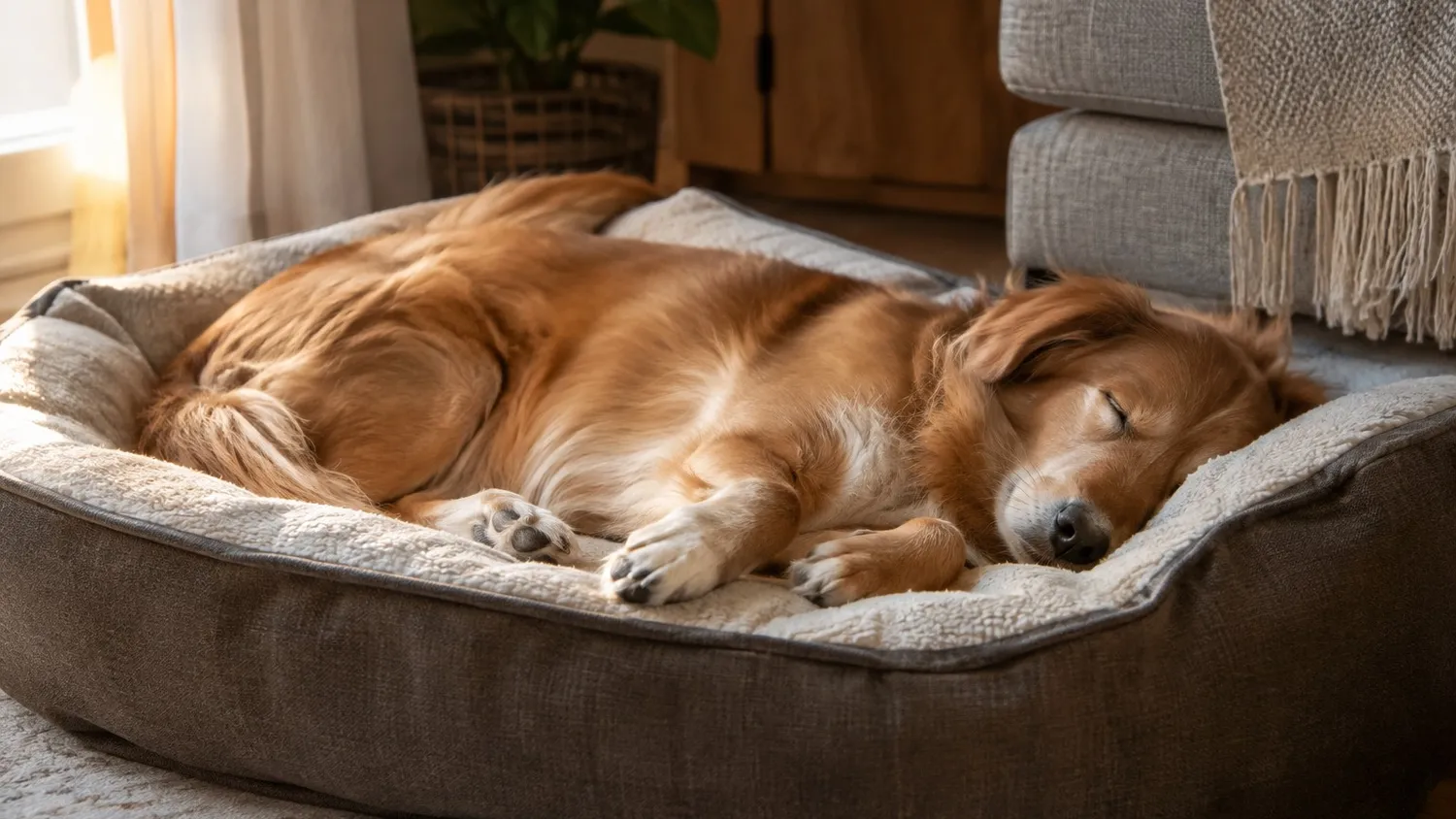 Chien de taille moyenne profondément endormi sur le côté dans son panier, pattes légèrement repliées, dans un salon à la lumière douce