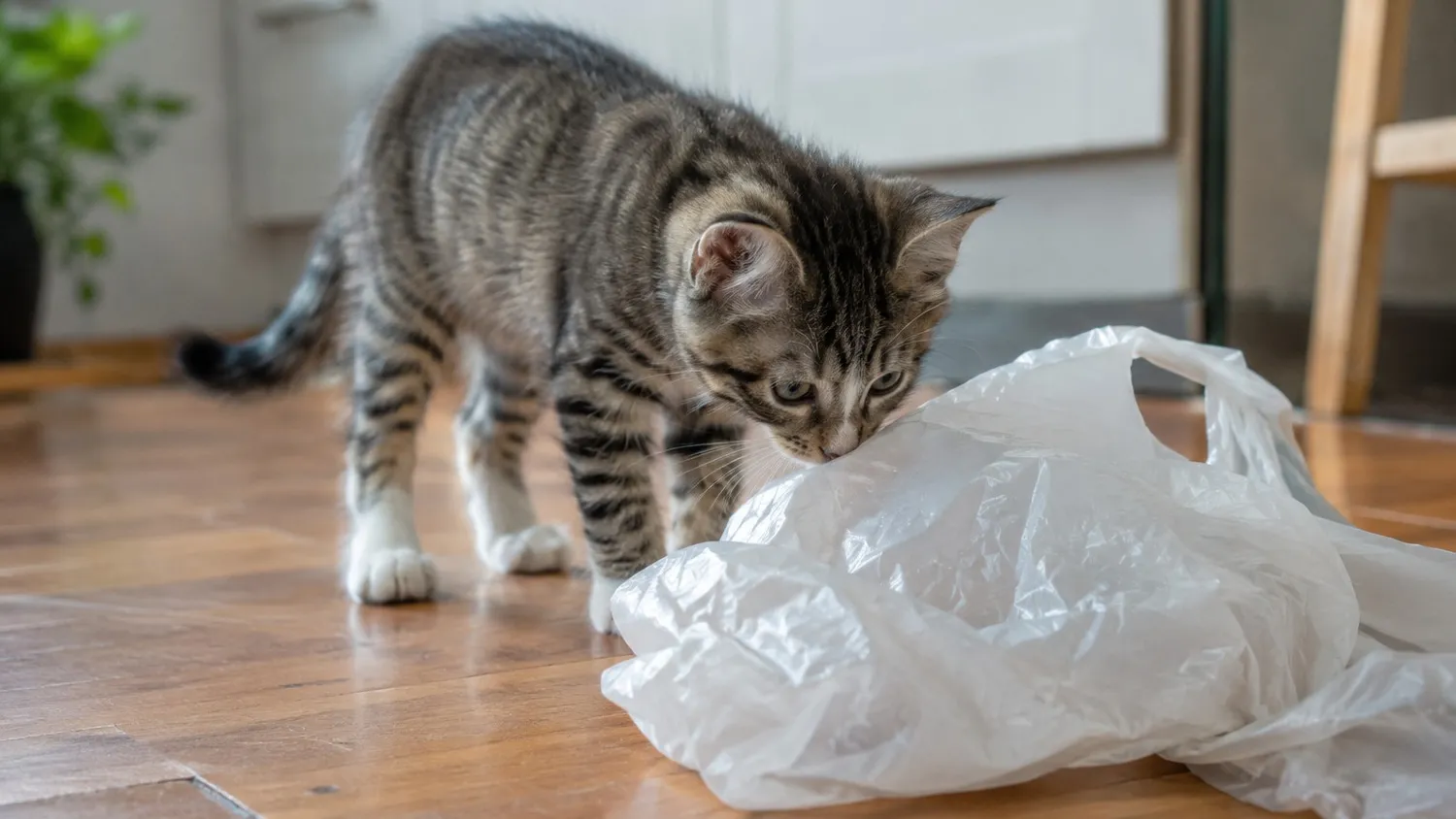 Jeune chat reniflant un sac plastique froissé posé sur le parquet d'une cuisine